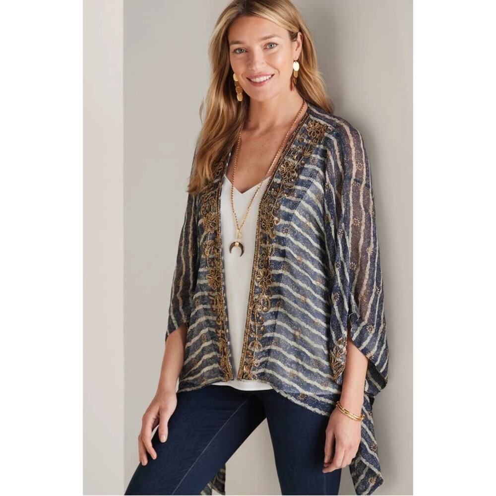 Soft Surroundings Midas Beaded Crinkle Chiffon Cardigan Sweater Blue L/XL NWT